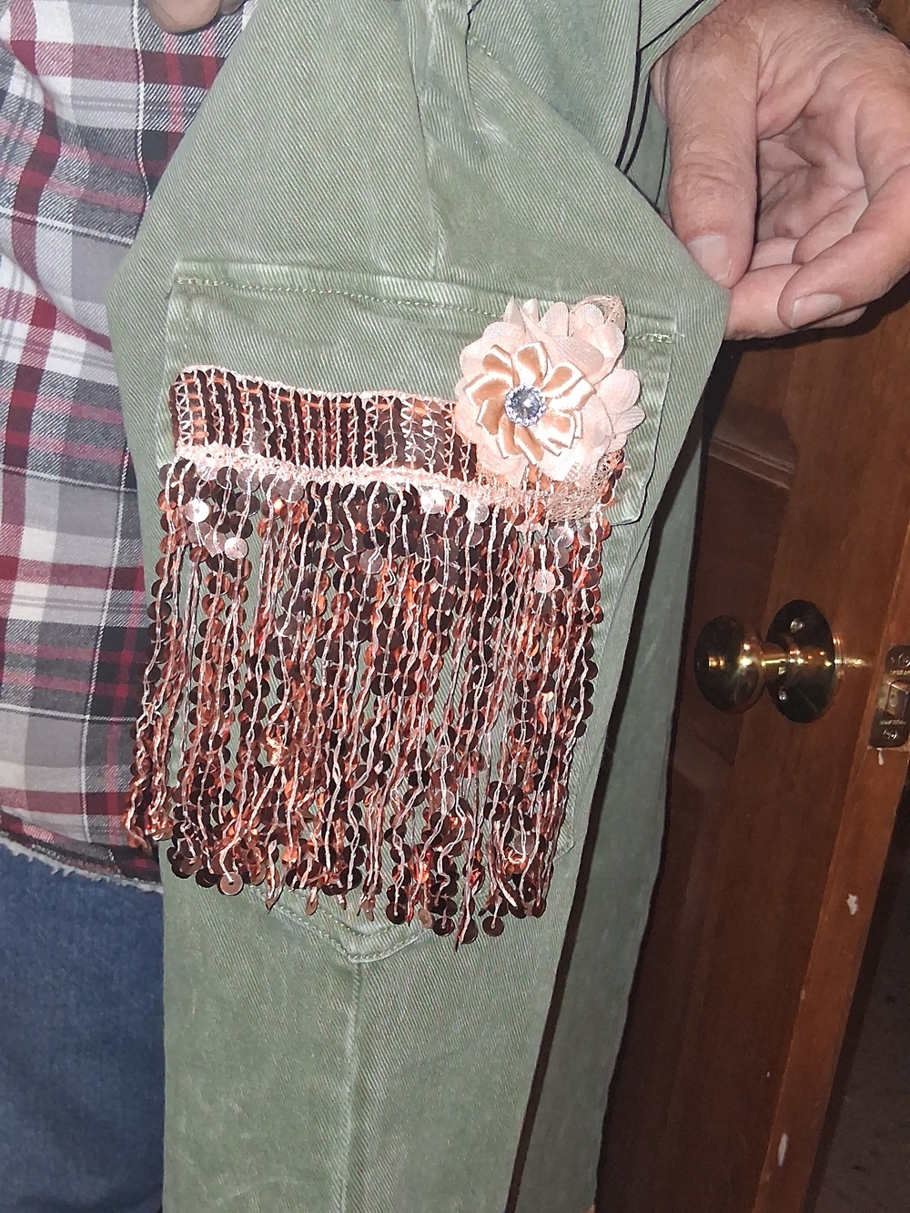 Embellished Light Blue Denim Jeans with Sage Tulle Ruffles - Picture 3 of 7